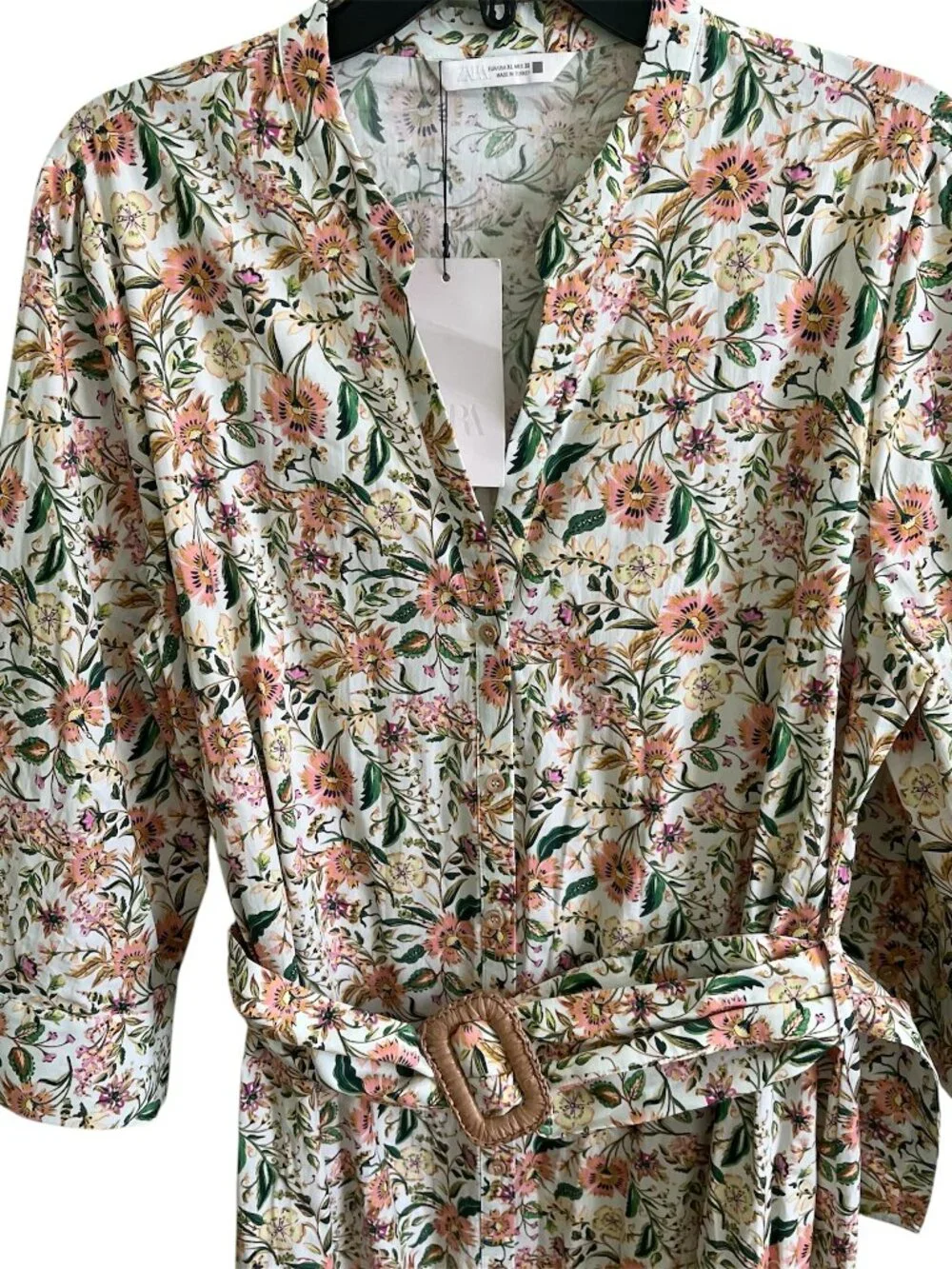 Zara Printed Midi Poplin Dress XL Organic Cotton Belted Button Front Summer NWT